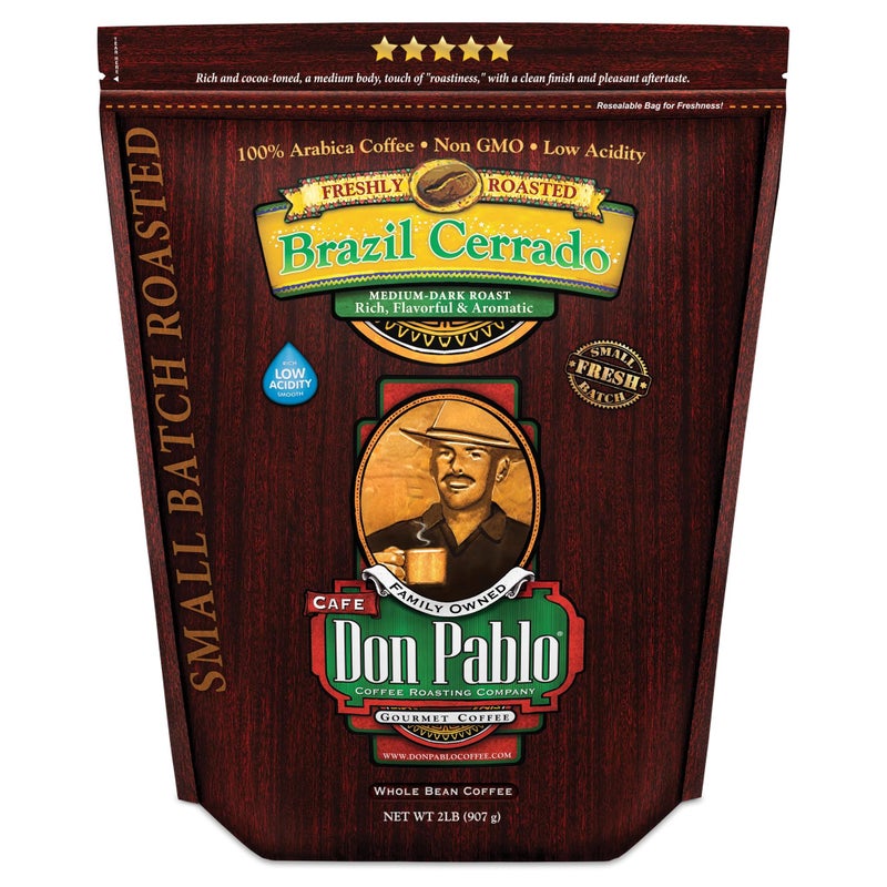 Cafe Don Pablo 2LB Don Pablo Gourmet Coffee - Brazil Cerrado - Medium Dark Roast - Whole Bean Coffee - 100% Arabica Beans - Low Acidity and Non-GMO - 2lb bag - Image 1
